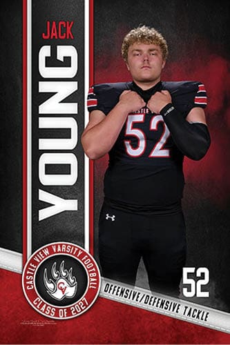 A person wearing a black football uniform with the number 52 stands with hands adjusting the collar against a red and black background with the name Jack Young and Castle View Varsity Football Class of 2021 text. Description generated by AI