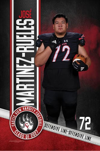 Person wearing a black football uniform with the number 72 holding a football, standing next to a vertical banner with the name Jos Mart nez-Ruiz and a circular emblem for Castle View Varsity Football Class of 2023.  Description generated by AI