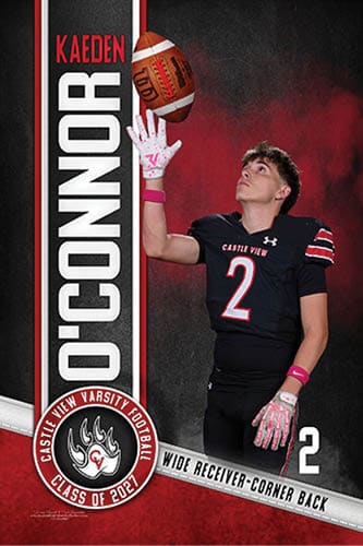 A person wearing a black football uniform with the number 2 is reaching up to catch a football against a red and black background with the name Kaeden O'Connor and Castle View Varsity Football Class of 2027 text. Description generated by AI