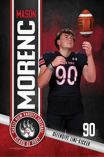 A person wearing a black football uniform with the number 90 is tossing a football in the air next to a vertical banner that reads Mason Morenc and a circular emblem for Castle View Varsity Football Class of 2022. Description generated by AI