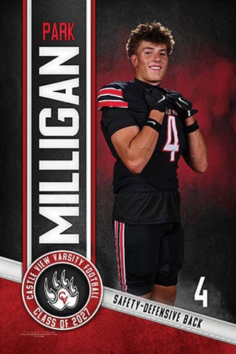 A person in a black football uniform with red and white stripes poses confidently with gloves on, standing next to text that reads “Milligan Park" and "Castle View Varsity Football Class of 2027" with the number 4 and the position "Safety-Defensive Back." Description generated by AI