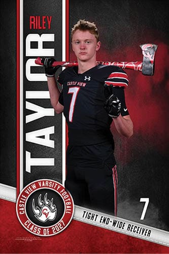 A person in a black football uniform with the number seven stands holding a decorated axe over their shoulder against a background featuring the name Taylor, the word Riley, and a Castle View Varsity Football logo. Description generated by AI