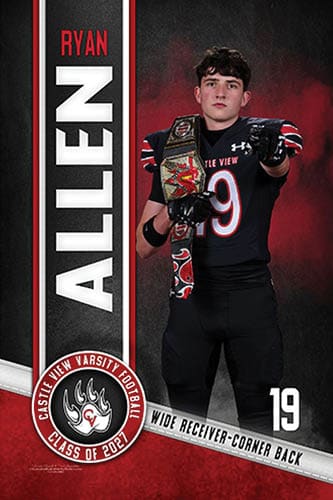 A person in a black football uniform with the number 19 and a championship belt poses confidently against a dark red and black background with the name Ryan Allen and Castle View Varsity Football Class of 2021 text. Description generated by AI
