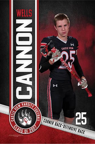 A person in a black football uniform with the number 25 is holding a lacrosse stick against a dark red and black background with text indicating Wells Cannon as a cornerback defensive back for Castle View Varsity Football Class of 2021. Description generated by AI