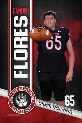 A person wearing a black football uniform with the number 65 is holding a football forward with a background featuring the name Xander Flores and a Castle View Varsity Football Class of 2021 emblem. Description generated by AI