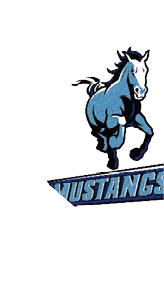 A stylized blue and black mustang horse is depicted in mid-gallop above the word “MUSTANGS" in bold blue letters with a black outline. Description generated by AI