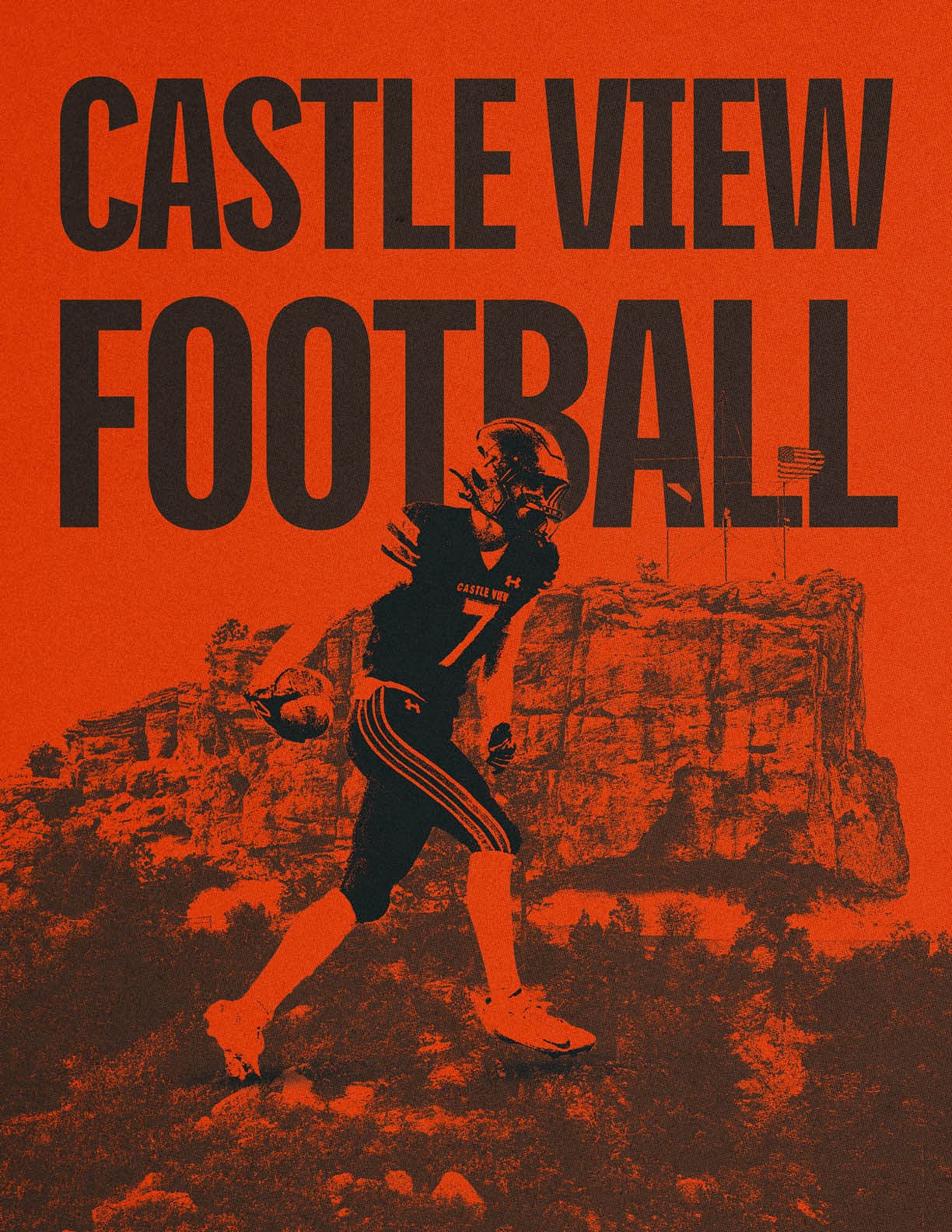 A person in football gear is running on rocky terrain with a large rock formation in the background and the words Castle View Football in bold letters above. Description generated by AI