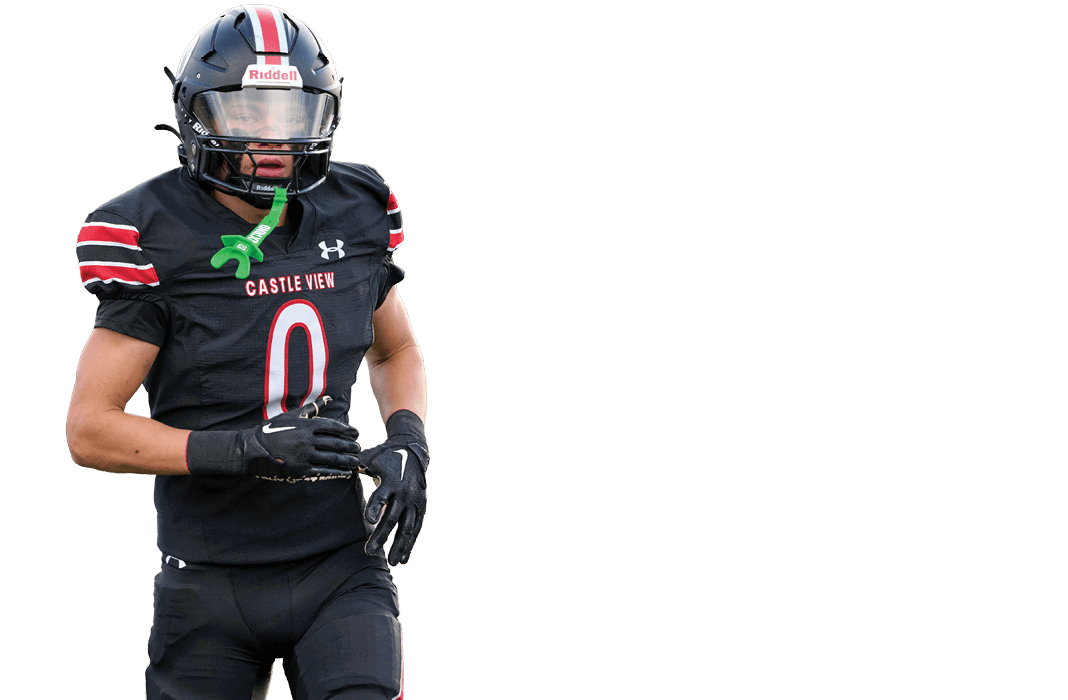 A person wearing a black sports jersey with the number zero and the words “Castle View" is adjusting black Nike gloves. Description generated by AI