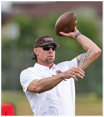 A person wearing sunglasses, a cap with a football logo, and a white shirt is preparing to throw a vintage-style football. Description generated by AI