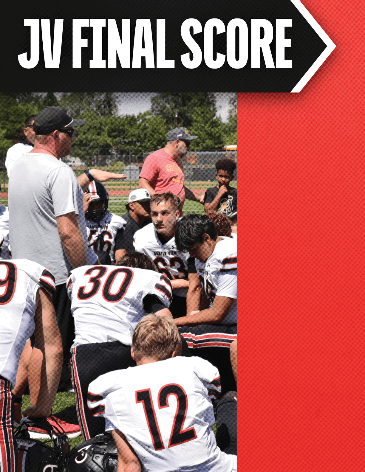A group of people in football uniforms and coaches are gathered on a field with a graphic overlay reading JV FINAL SCORE. Description generated by AI