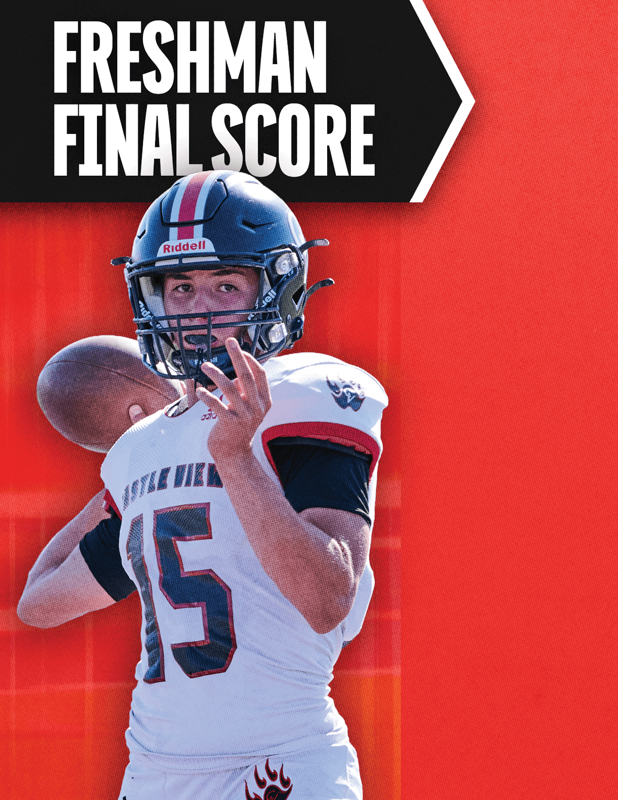 A person wearing a football helmet and uniform is preparing to throw a football with the text “Freshman Final Score" displayed above. Description generated by AI