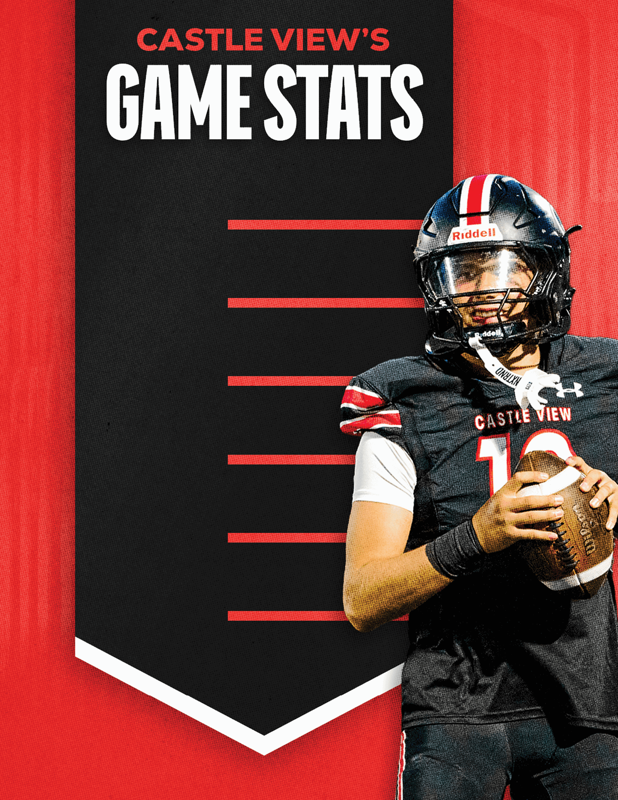 A person in a black football uniform and helmet is holding a football next to a black banner with red and white text that reads Castle View's Game Stats. Description generated by AI