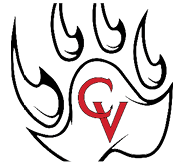 A stylized black bear paw print with the red letters CV overlapping inside the palm area. Description generated by AI