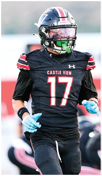 A person wearing a black football uniform with the number 17 and the words Castle View on the chest is running on a field. Description generated by AI
