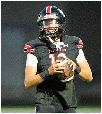 A person wearing a black football uniform with “Castle View" on the chest is holding a football and appears to be preparing to throw it on a field. Description generated by AI