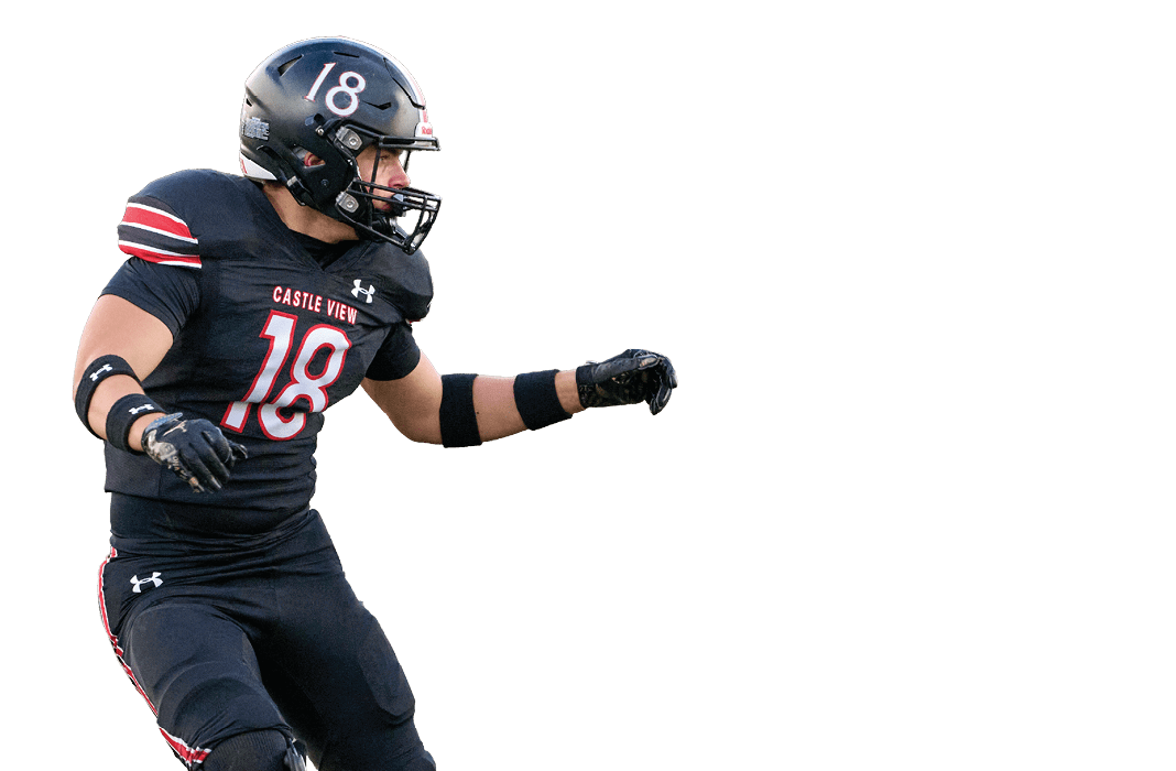 A person wearing a black football uniform with the number 18 and the words Castle View is in a dynamic pose as if preparing to catch or throw a ball. Description generated by AI