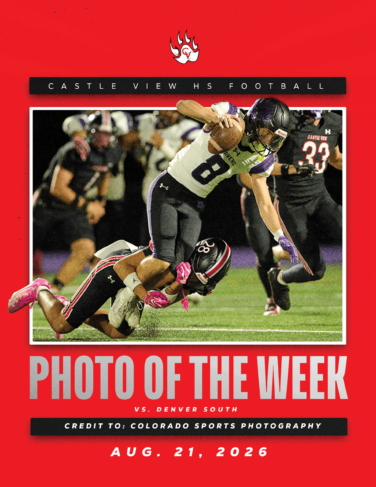 A football player wearing a white jersey with the number 8 is being tackled by a player in a black jersey during a high school football game between Castle View and Denver South. Description generated by AI
