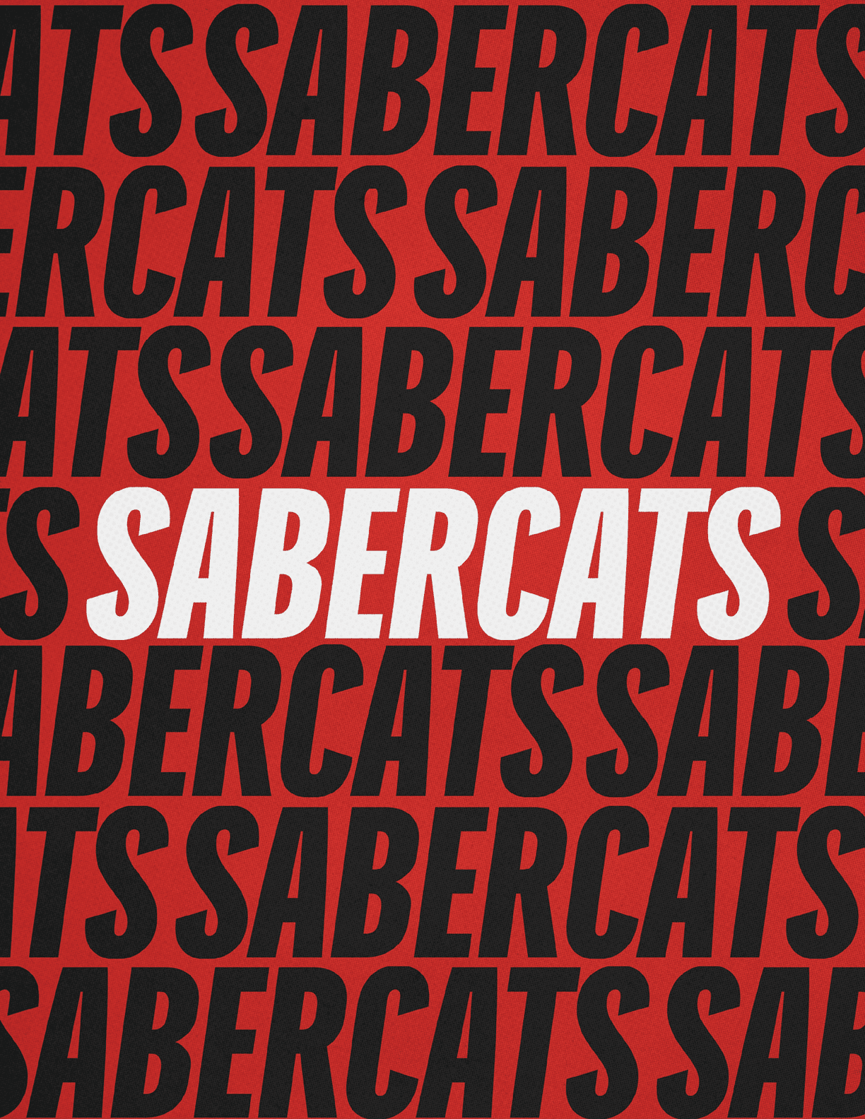 The word “SABERCATS" is repeatedly displayed in bold black letters on a red background with one instance in bold white letters in the center. Description generated by AI