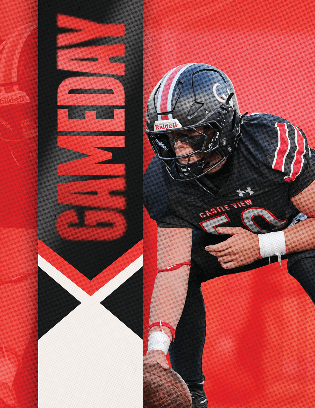 A person in a black football uniform with red and white stripes is crouched down holding a football on a red background with the word GAMEDAY in bold red letters on a black vertical banner. Description generated by AI