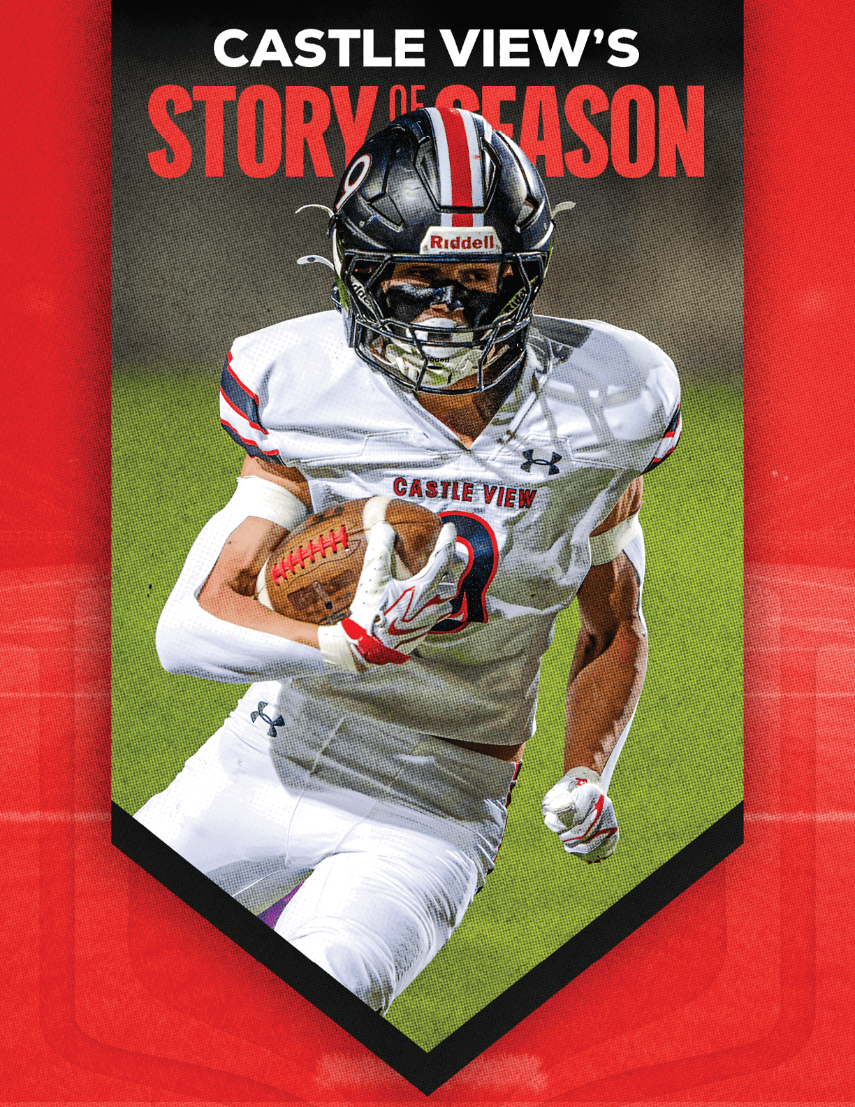 An adult in a white football uniform with “Castle View" on the chest is running while holding a football against a green background with red and black text that reads "Castle View's Story of Season." Description generated by AI