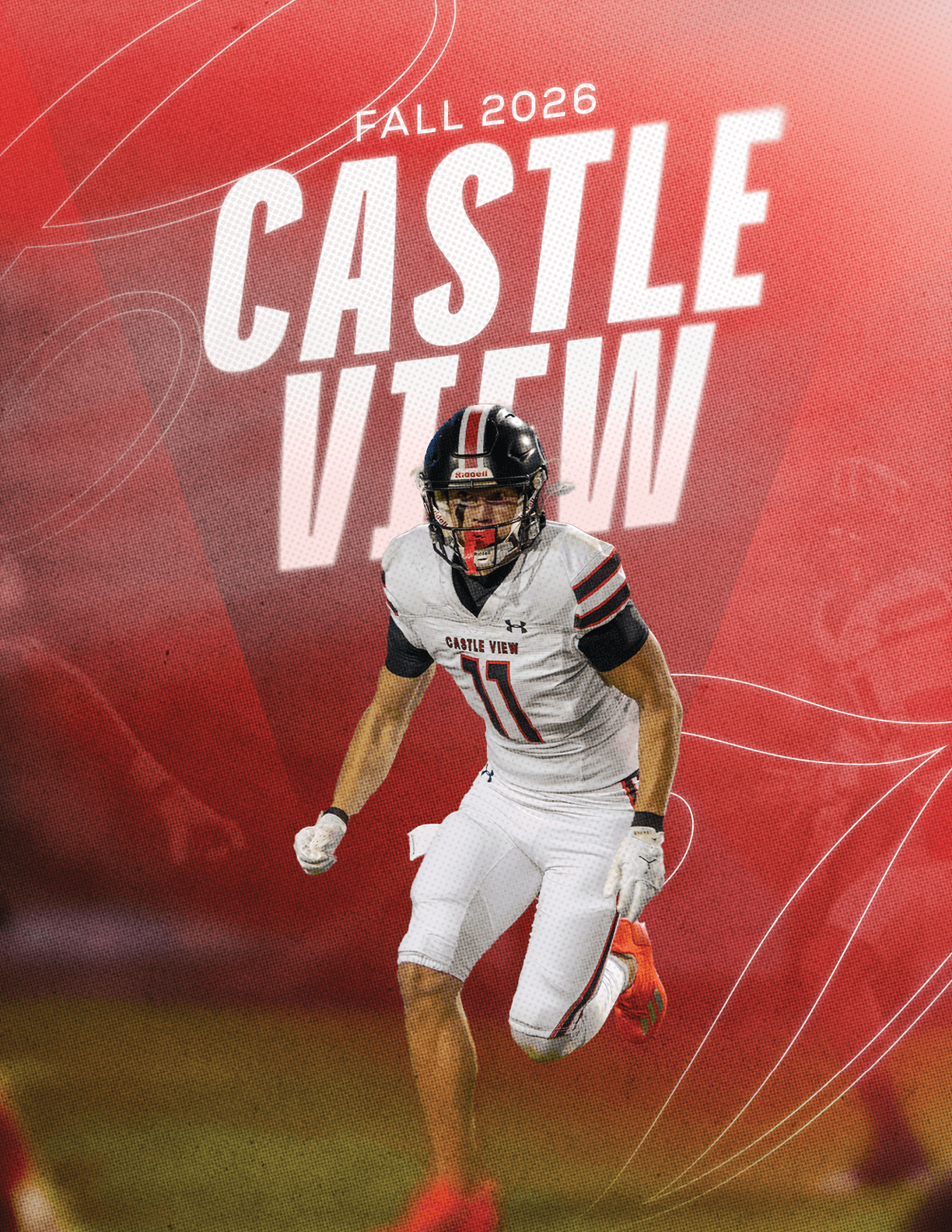An adult in a football uniform is running on a field with a red background that has the text “Fall 2026 Castle View." Description generated by AI