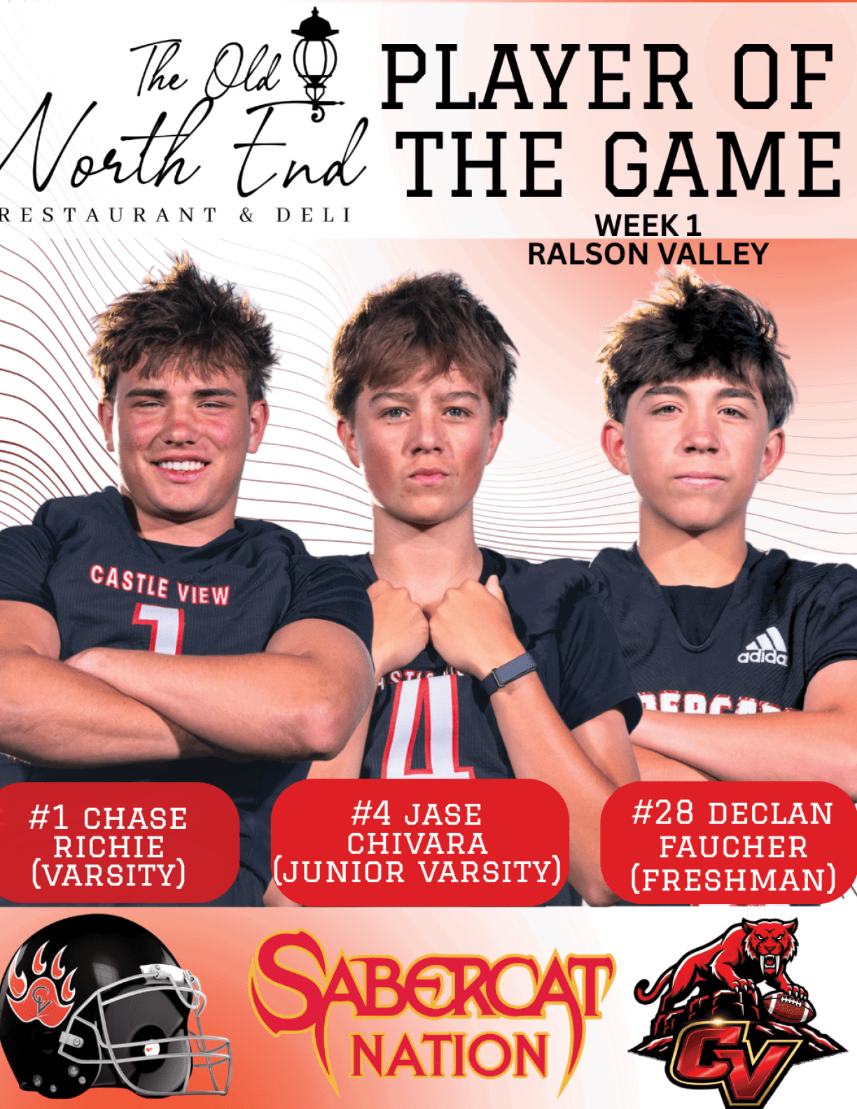 Three young people wearing sports jerseys pose confidently with arms crossed or fists clenched in front of a graphic promoting a player of the game award for a football team called Sabercat Nation. Description generated by AI