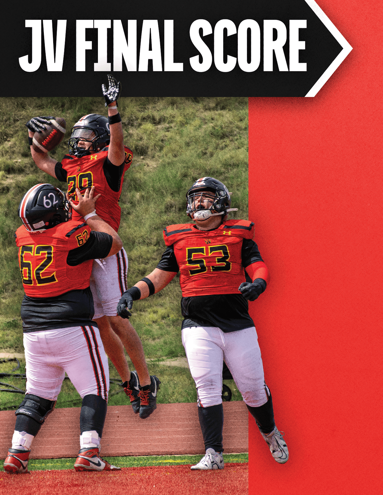 Three people in football uniforms are celebrating on a field with one person jumping and holding a football while the others raise their arms, with a banner above reading JV FINAL SCORE. Description generated by AI
