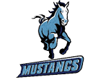 A stylized blue and white mustang horse is depicted in mid-gallop above the word “MUSTANGS" in bold blue and gray letters. Description generated by AI