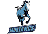 A stylized blue and white mustang horse is depicted in mid-gallop above the word “MUSTANGS" in bold blue and gray letters. Description generated by AI