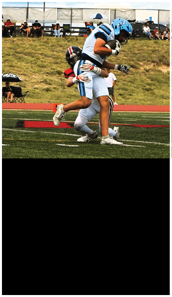 Two people in football uniforms are on a field with one person tackling the other who is holding a football. Description generated by AI