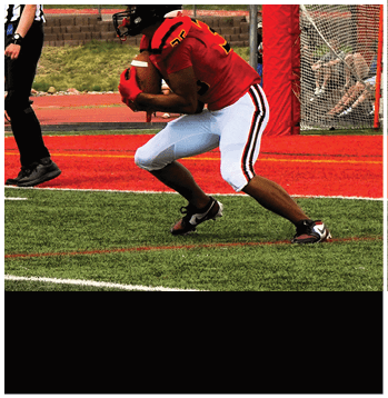 A person wearing a red football jersey and white pants is crouching on a football field while holding a football. Description generated by AI