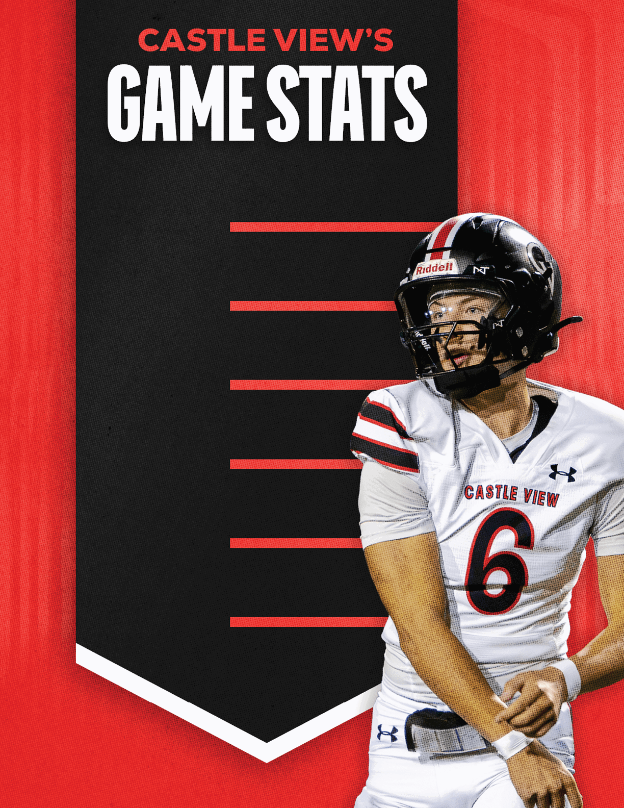 A person wearing a football uniform with the number six stands next to a black banner with red and white text that reads Castle View's Game Stats. Description generated by AI