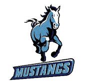 A stylized blue and white horse is depicted in a dynamic running pose above the word “MUSTANGS" in bold blue letters. Description generated by AI
