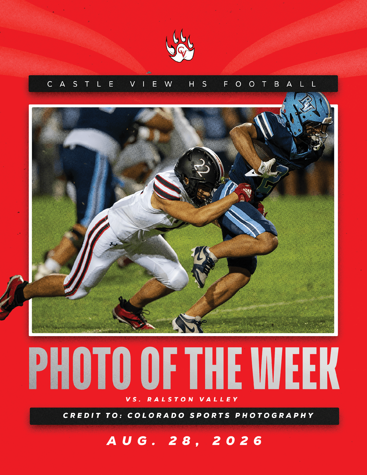 Two football players in action on a field with one player in a white uniform tackling another player in a blue uniform, featured as Castle View High School Football's photo of the week. Description generated by AI