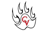 A stylized black bear paw print with the red letters “GV" inside the palm area. Description generated by AI