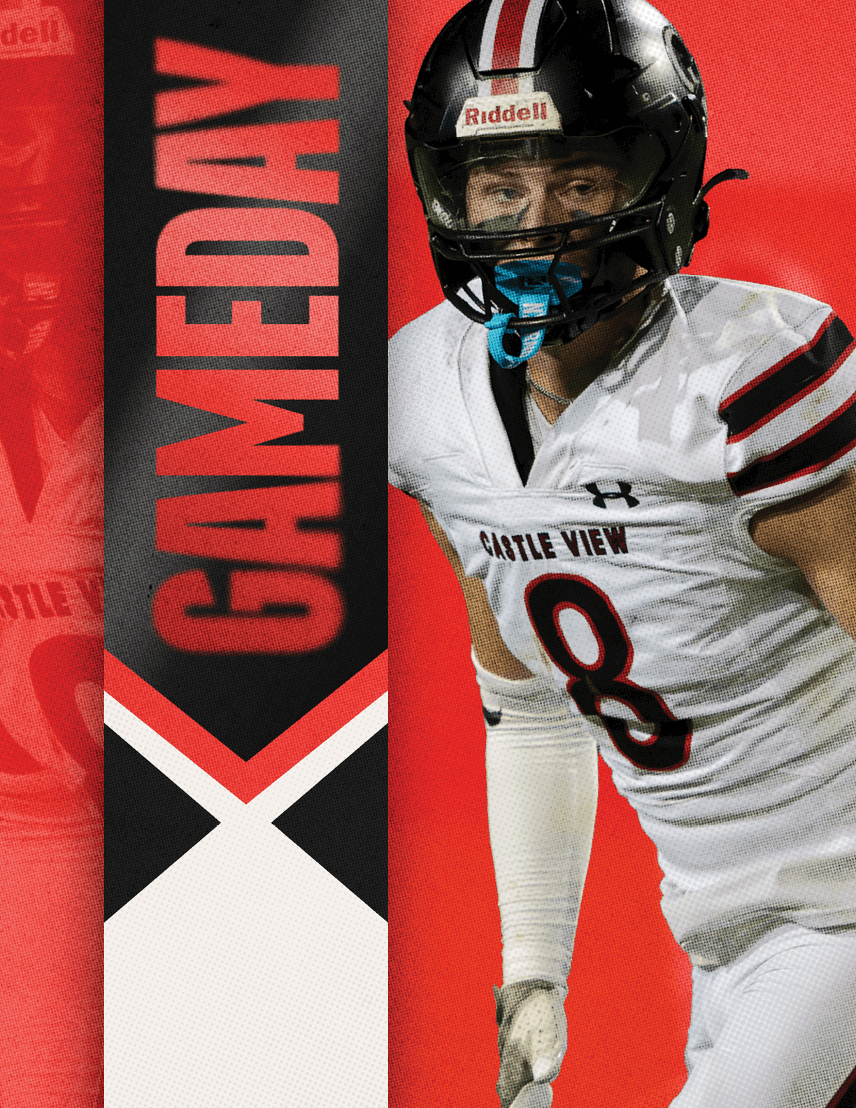 A person in a football uniform with the number 8 and a helmet stands next to a vertical banner with the word GAMEDAY on a red and black background. Description generated by AI