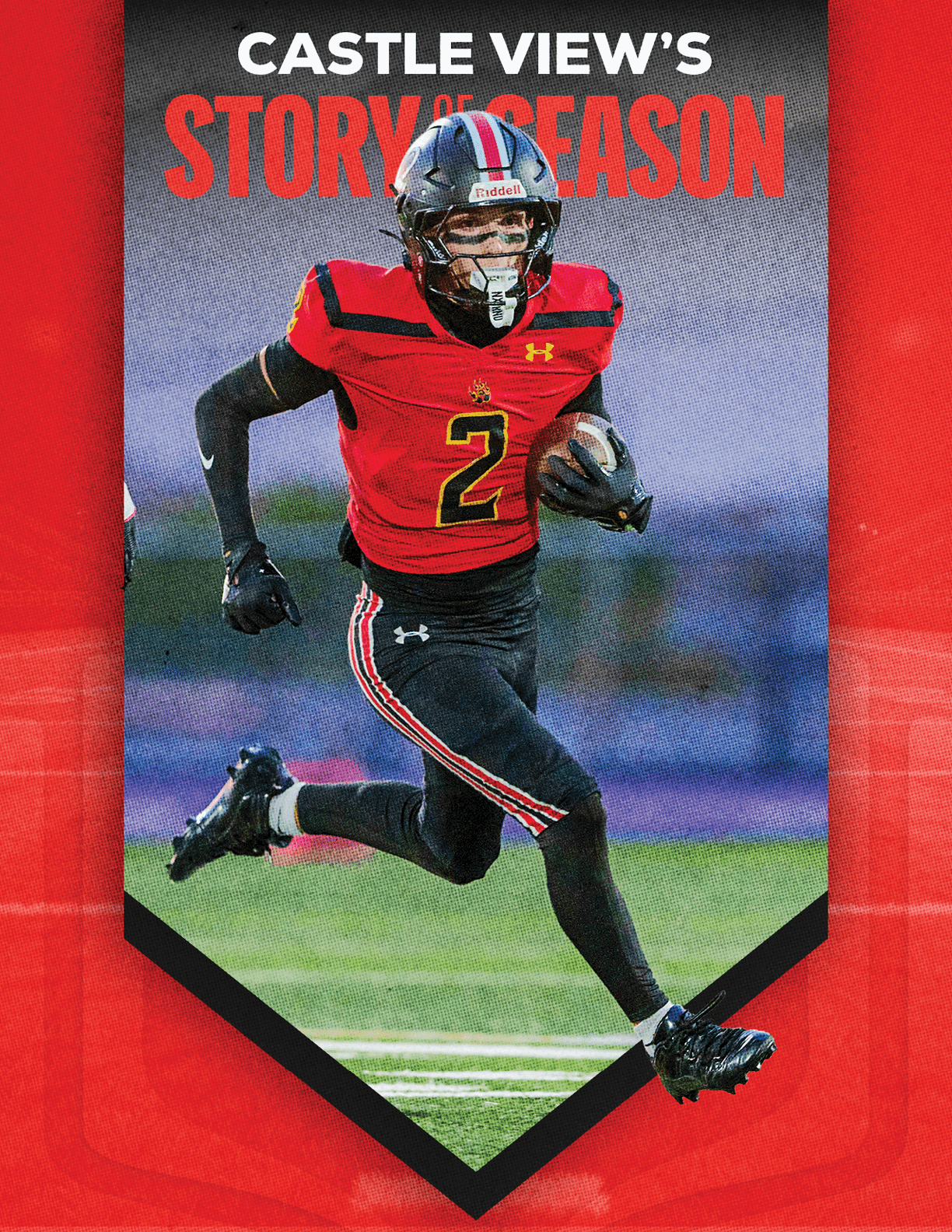 A person wearing a red and black football uniform with the number two is running on a field while holding a football, with the text “Castle View's Story of Season" above. Description generated by AI