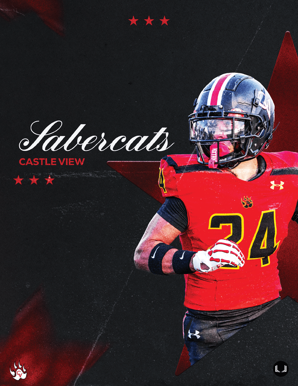 A person wearing a red and black football uniform with the number 24 and a helmet is positioned next to the text “Subercats Castleview" on a dark background with red star accents. Description generated by AI