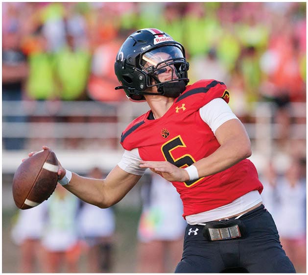 A person wearing a red football jersey with the number 6 and a black helmet is preparing to throw a football on a field with blurred spectators in the background. Description generated by AI