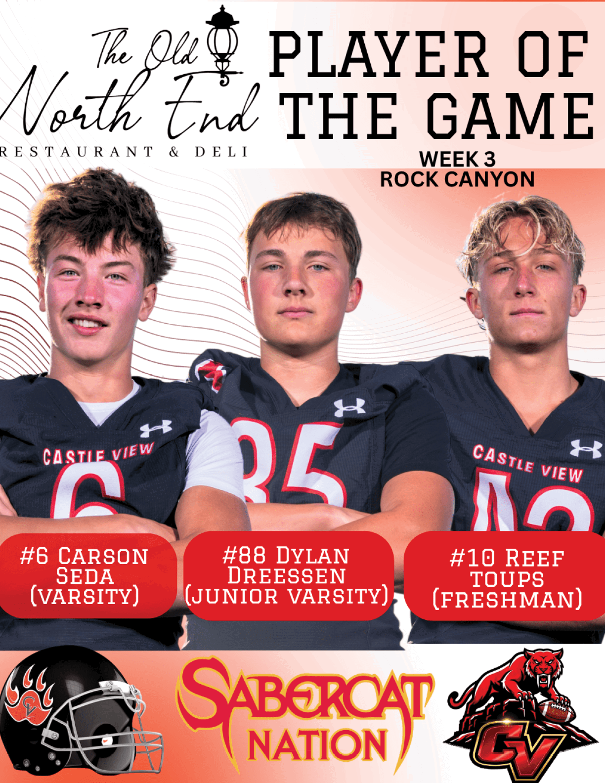 Three young athletes wearing Castle View football jerseys pose for a player of the game feature for week 3 against Rock Canyon with their names and positions displayed below. Description generated by AI