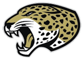 A stylized roaring jaguar head with a tan and black spotted pattern and sharp white teeth. Description generated by AI