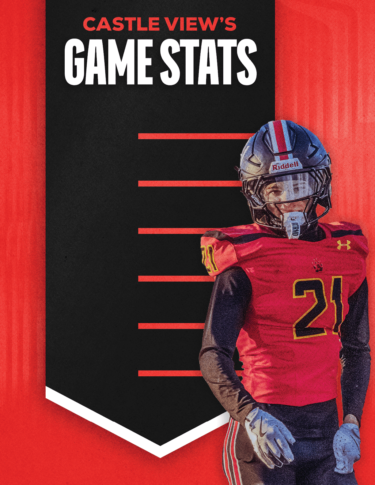 A person wearing a red and black football uniform with the number 21 stands next to a black banner with red lines and white text that reads Castle View's Game Stats. Description generated by AI