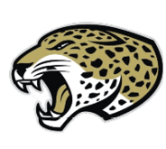 A stylized roaring jaguar head with a tan and black spotted pattern and sharp white teeth. Description generated by AI