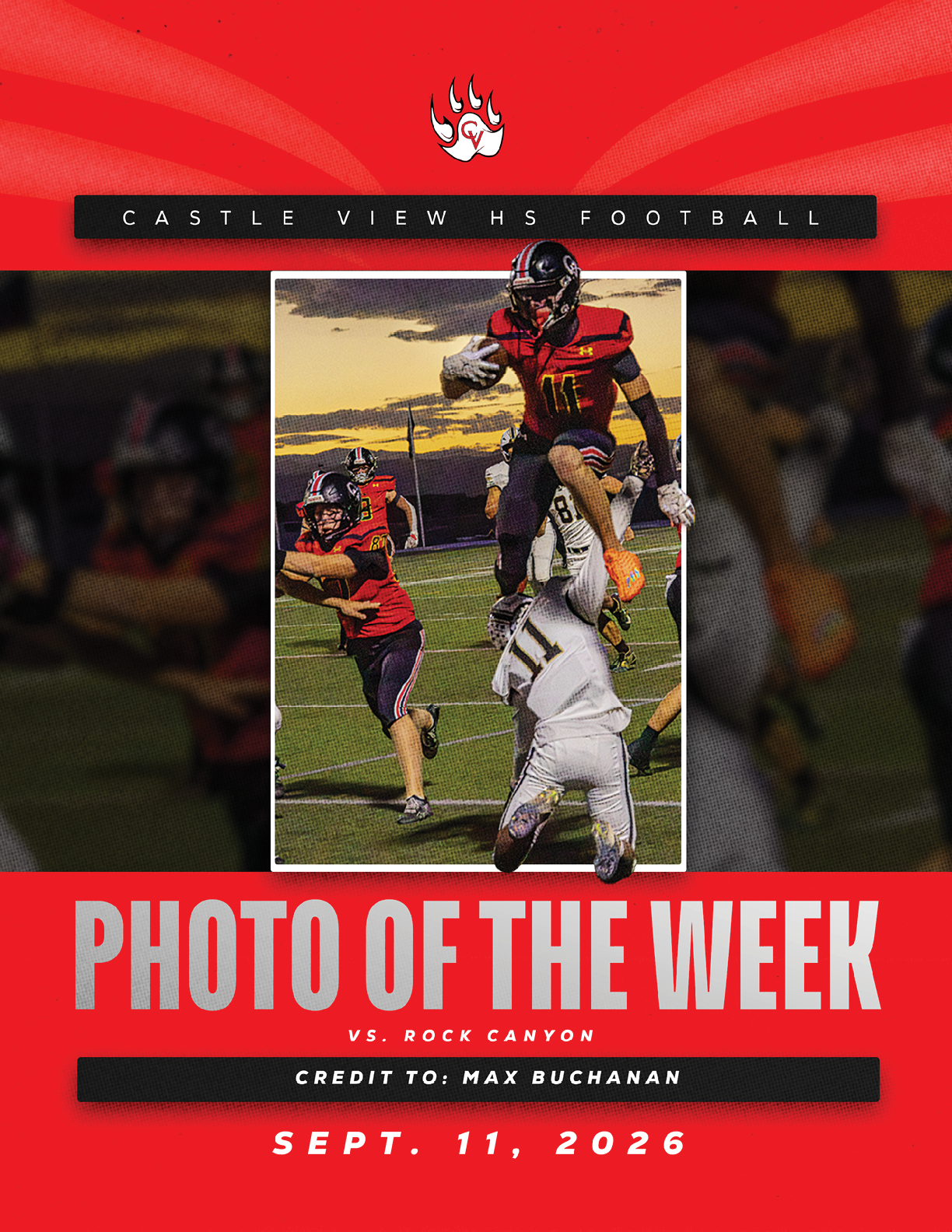 A person in a red and black football uniform leaps over a person in a white uniform on a football field during a game, with another person in a red uniform preparing to throw a football in the background. Description generated by AI