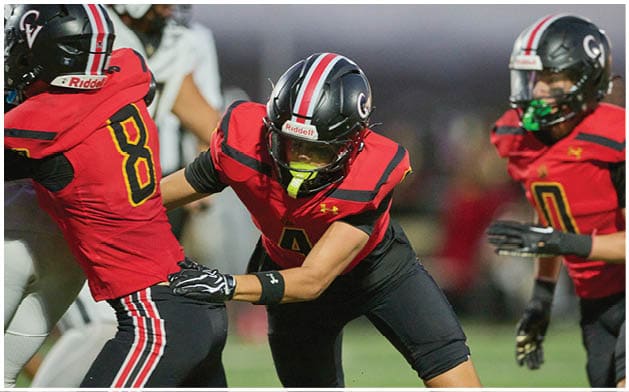 People wearing red and black football uniforms are engaged in a play on the field with a blurred background. Description generated by AI
