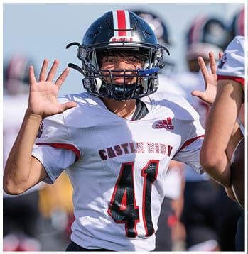 A person wearing a football helmet and a white jersey with the number 41 is raising both hands while standing next to another person in a white jersey with the number 2 on a football field. Description generated by AI