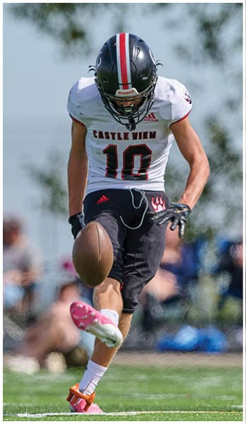 A person wearing a football uniform with the number 10 is kicking a football on a grassy field with blurred spectators in the background. Description generated by AI
