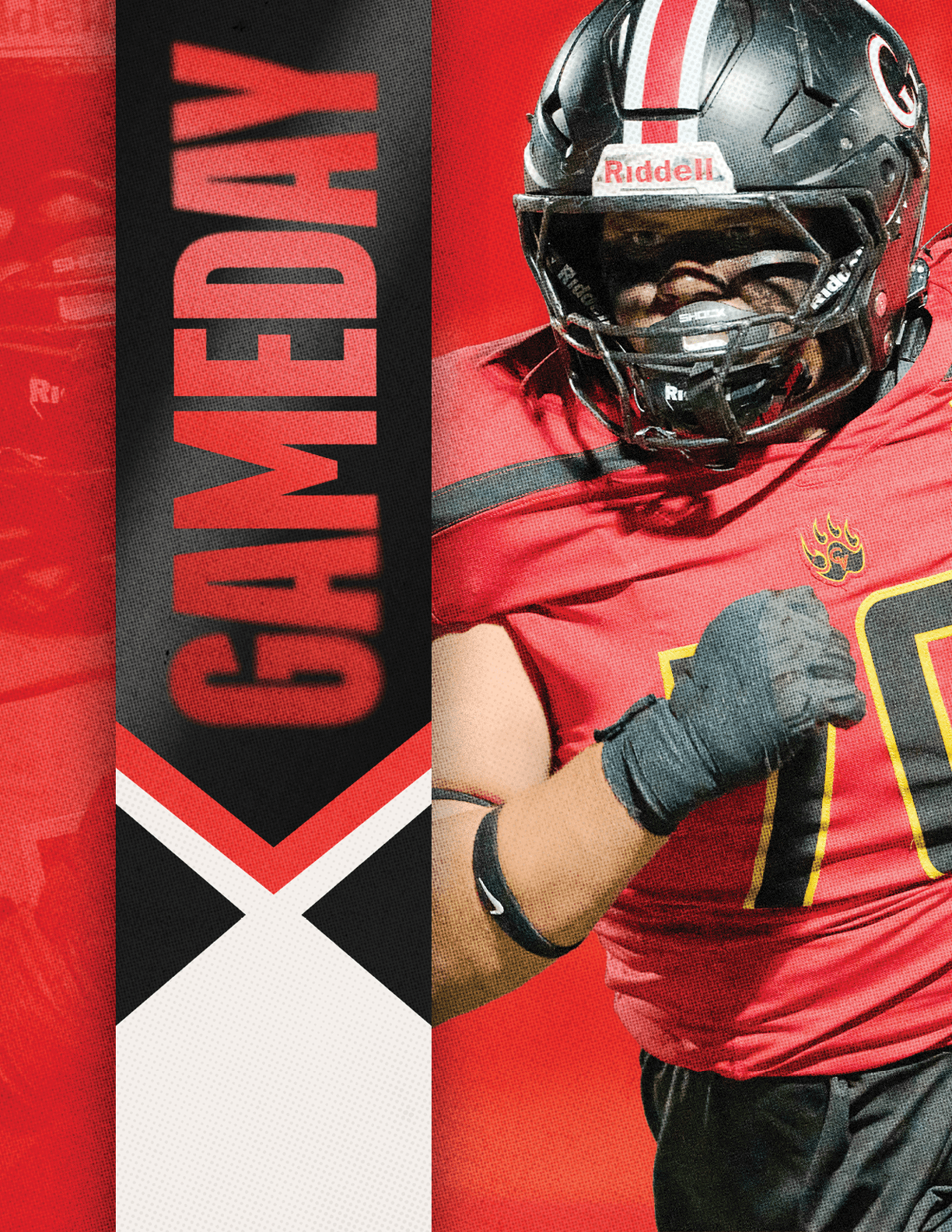 A person wearing a red and black football uniform and helmet is running next to a vertical banner with the word GAMEDAY in bold red letters on a black background. Description generated by AI