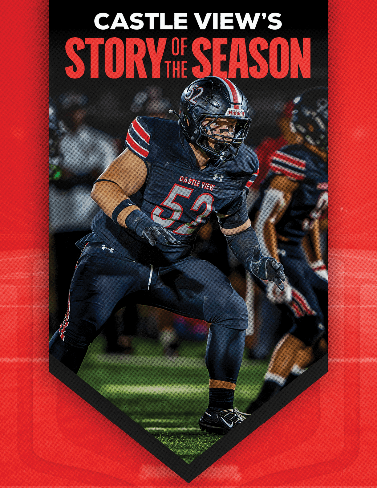 An adult athlete in a black football uniform with red and white stripes is in a ready stance on a green field with the text “Castle View's Story of the Season" above. Description generated by AI