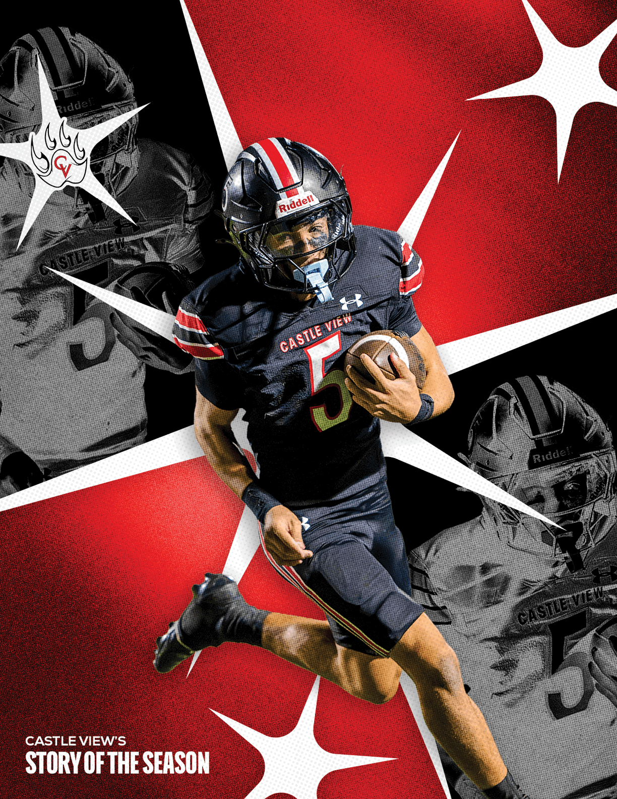 An adult in a black football uniform with red and white stripes is running with a football against a red and black background featuring faded images of the same player and the text “Castle View's Story of the Season." Description generated by AI